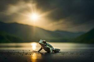 a frog sitting on the ground in front of a lake. AI-Generated photo