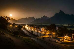 un la carretera en el montañas a puesta de sol. generado por ai foto