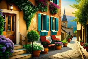 a street with flowers and potted plants. AI-Generated photo