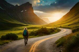 a man walking down a road in the mountains. AI-Generated photo