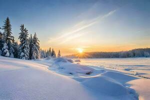photo wallpaper the sky, snow, trees, the sun, winter, the forest, the sun. AI-Generated