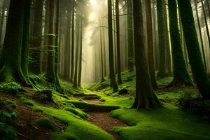 un camino mediante un bosque con cubierto de musgo arboles generado por ai foto