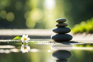 un apilar de piedras y un flor en el agua. generado por ai foto