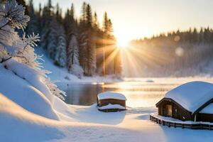 snow covered cabin in the snow at sunset. AI-Generated photo