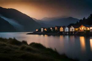 houses on the shore of a lake at dusk. AI-Generated photo