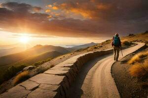 a person walking on a path in the mountains. AI-Generated photo