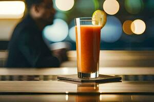 un vaso de naranja jugo sentado en un mesa. generado por ai foto