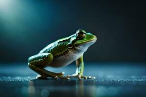 a frog is standing on a dark surface. AI-Generated photo