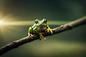 a frog sitting on a branch with the sun shining. AI-Generated photo