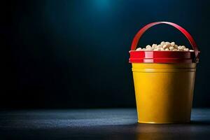 a bucket of popcorn on a dark table. AI-Generated photo
