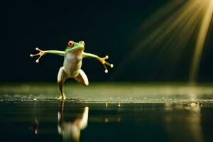 a frog jumping on the water with light shining on it. AI-Generated photo