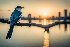 a blue bird sitting on a branch in front of the water. AI-Generated photo