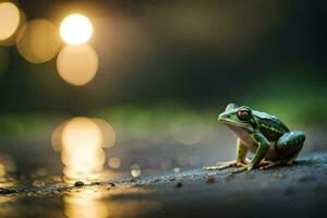a frog sitting on the ground in front of a blurry background. AI-Generated photo