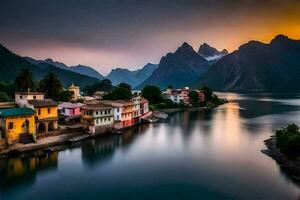 photo wallpaper the sky, mountains, water, houses, the sunset, the mountains, the lake. AI-Generated