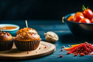 baked muffins on a wooden board with tomatoes and spices. AI-Generated photo