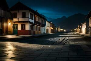 un calle a noche con edificios y luces. generado por ai foto