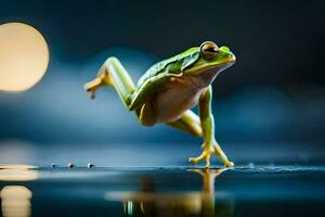a frog jumping on the water with a moon in the background. AI-Generated photo