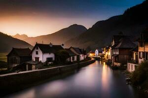 un río carreras mediante un pueblo a puesta de sol. generado por ai foto