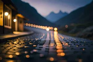 a road with lights on it in the mountains. AI-Generated photo