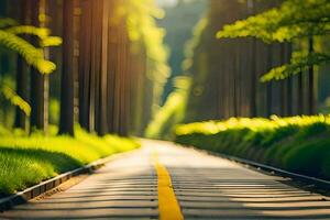 un largo la carretera en el medio de un bosque. generado por ai foto