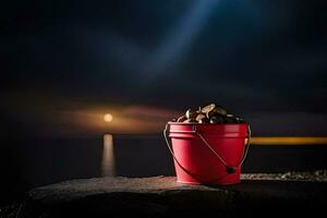 a red bucket with coins sitting on a rock. AI-Generated photo