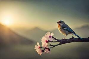 a bird sits on a branch with flowers in the background. AI-Generated photo