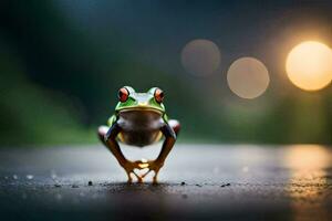 a frog is standing on the ground with a blurry background. AI-Generated photo