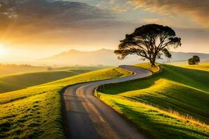 el la carretera a el puesta de sol. generado por ai foto