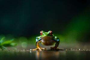 a frog is standing on the ground with a green background. AI-Generated photo