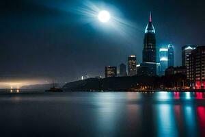 el Luna brilla brillantemente terminado el ciudad horizonte. generado por ai foto