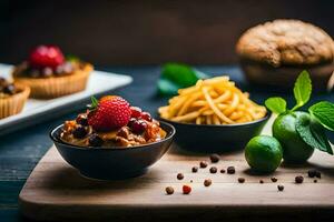 un de madera corte tablero con un cuenco de alimento. generado por ai foto