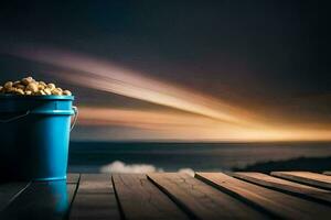 a bucket of popcorn on a wooden deck. AI-Generated photo