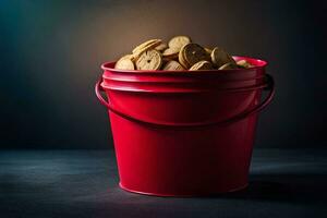 un rojo Cubeta lleno con galletas en un oscuro antecedentes. generado por ai foto