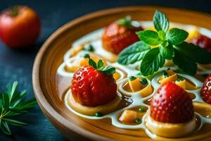 a plate of strawberries and cream with a mint leaf. AI-Generated photo