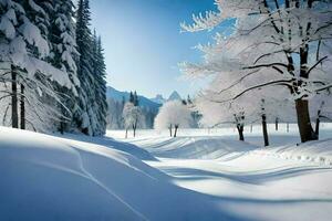 un Nevado paisaje con arboles y nieve. generado por ai foto