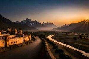 the sun rises over a valley and a road in the mountains. AI-Generated photo