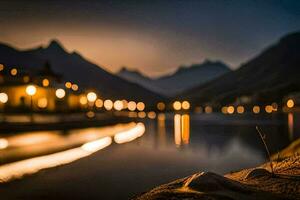 un ver de el montañas y agua a noche. generado por ai foto