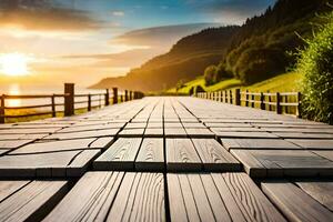 a wooden bridge leads to the ocean at sunset. AI-Generated photo