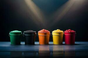 colorful buckets of candy on a dark background. AI-Generated photo