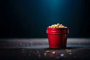a red bucket filled with peanuts on a dark background. AI-Generated photo