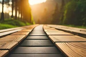 a wooden walkway in the middle of a forest. AI-Generated photo