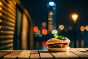 a hamburger sitting on a table in front of a city skyline. AI-Generated photo