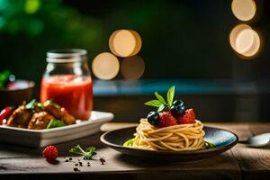 spaghetti with berries and tomatoes on a wooden table. AI-Generated photo