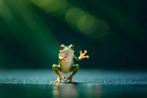 a frog is standing on its hind legs with its arms outstretched. AI-Generated photo