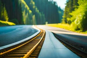 un tren pista en el medio de un bosque. generado por ai foto