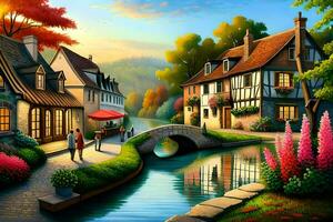 a painting of a village with a river and houses. AI-Generated photo