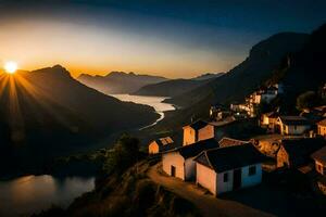 photo wallpaper the sky, mountains, water, sunset, the sun, mountains, village, sp. AI-Generated