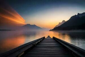 un de madera muelle Guías a un lago a amanecer. generado por ai foto