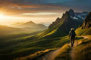 un hombre camina en un camino en el montañas. generado por ai foto