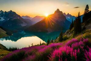 the sun rises over a lake and purple flowers in the mountains. AI-Generated photo